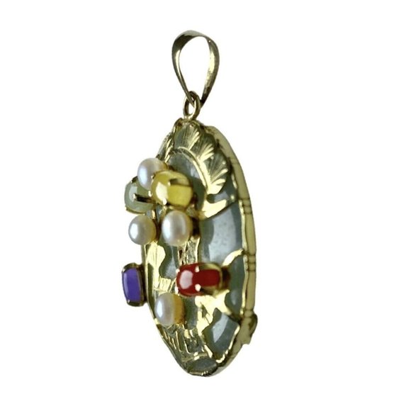 Chinese 14k Gold Wrapped Round Jade Pendent With Pearl and Multi Gemstones - Picture 3 of 5